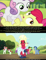 Size: 1280x1648 | Tagged: safe, apple bloom, big macintosh, blues, cherry berry, noteworthy, rainberry, rainbow stars, sunshower raindrops, sweetie belle, earth pony, pony, brotherhooves social, crossdressing, fury belle, male, misleading thumbnail, orchard blossom, psyga's alternate pony scenes, stallion