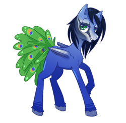 Size: 1473x1440 | Tagged: safe, artist:cups, derpibooru exclusive, oc, oc only, bird pone, peacock, pony, bedroom eyes, buraq, male, small wings, smiling, solo, stallion