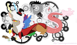 Size: 900x533 | Tagged: source needed, useless source url, safe, artist:jaquelindreamz, discord, eris, draconequus, clothes, female, looking at you, mad hatter, playing card, rule 63, solo, teacup