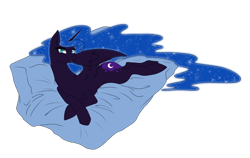 Size: 900x568 | Tagged: safe, artist:yoonny92, nightmare moon, alicorn, pony, missing accessory, prone, smiling, solo, spread wings, stupid sexy nightmare moon