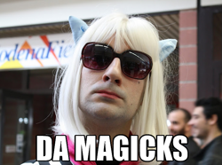 Size: 683x509 | Tagged: safe, photo finish, human, brony, clothes, cosplay, costume, da magics, de magicks, image macro, irl, irl human, meme, photo, solo