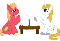 Size: 1024x691 | Tagged: safe, artist:axels-grrl, big macintosh, prince blueblood, earth pony, pony, board game, connect four, male, smiling, stallion