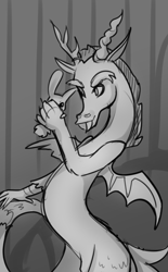 Size: 1192x1920 | Tagged: safe, artist:beaty, angel bunny, discord, draconequus, male, monochrome, solo