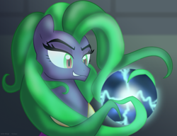 Size: 1043x801 | Tagged: safe, artist:faith-wolff, mane-iac, pony, fanfic:the bridge, electro orb, female, grin, mare, prehensile mane, smirk