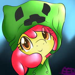 Size: 1500x1500 | Tagged: safe, artist:freefraq, apple bloom, clothes, costume, creeper, cute, hoodie, looking at you, minecraft, smiling, solo