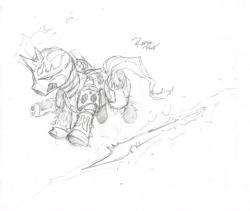 Size: 1024x865 | Tagged: safe, artist:poniesofthekeene, chaos raptor, chaos space marine, flying, monochrome, ponified, power armor, warhammer (game), warhammer 40k