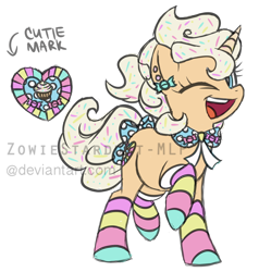 Size: 1024x1077 | Tagged: safe, artist:zowiestardust-mlp, oc, oc only, food pony, original species, unicorn, adoptable, socks, solo, striped socks