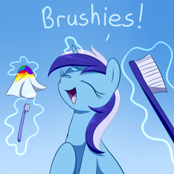 Size: 1280x1280 | Tagged: safe, artist:acersiii, minuette, pony, unicorn, 28 pranks later, brushie, cookie zombie, dialogue, eyes closed, female, magic, mare, mint, open mouth, toothbrush