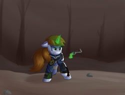 Size: 2000x1528 | Tagged: safe, artist:vanillaghosties, oc, oc only, oc:littlepip, pony, unicorn, fallout equestria, clothes, fanfic, fanfic art, female, glowing horn, gun, handgun, horn, little macintosh, magic, mare, newbie artist training grounds, pipbuck, revolver, solo, telekinesis, vault suit, wasteland, weapon