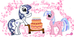 Size: 1060x529 | Tagged: artist needed, safe, oc, oc only, oc:cathy, oc:heart maker, bipedal leaning, birthday, birthday cake, cake, grin, recolor, smiling