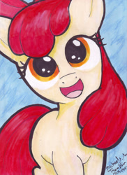 Size: 700x960 | Tagged: safe, artist:michael thompson, apple bloom, pony, adorabloom, big eyes, bronycan, cute, female, looking at you, mare, markers, original art, smiling, solo, too cute, traditional art