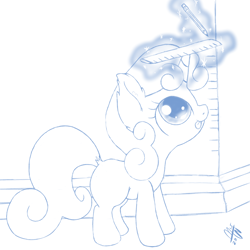 Size: 1200x1200 | Tagged: safe, artist:malwinters, sweetie belle, monochrome, pencil, ruler, sketch, solo