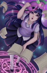 Size: 792x1224 | Tagged: safe, artist:saintprecious, spike, twilight sparkle, human, book, horned humanization, humanized, magic, magic circle, watermark