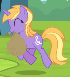 Size: 354x392 | Tagged: safe, screencap, pony, unicorn, trade ya, background pony, bag, cropped, eyes closed, female, lilac notes, mare, mouth hold, skipping, smiling, solo