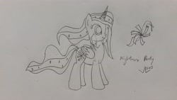 Size: 5312x2988 | Tagged: safe, artist:parclytaxel, oc, oc only, oc:parcly taxel, alicorn, pony, windigo, alicorn oc, blank eyes, crying, horn ring, lineart, monochrome, nightmare parcly, nightmarified, solo, traditional art