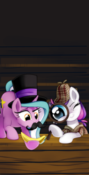 Size: 1024x1994 | Tagged: safe, artist:pepooni, oc, oc only, oc:blank canvas, oc:mane event, banana, bronycon, bronycon 2015, bronycon mascots, clothes, cute, fake moustache, hat, hoof hold, magnifying glass, moustache, raised eyebrow, sherlock holmes, silly, smiling, smirk, top hat, wink