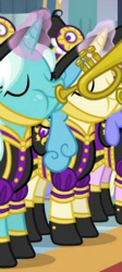 Size: 139x309 | Tagged: safe, screencap, clarion call, cornetta, pony, unicorn, a canterlot wedding, background pony, clothes, eyes closed, female, magic, mare, musical instrument, puffy cheeks, trumpet, uniform, unnamed pony