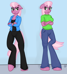 Size: 1501x1645 | Tagged: safe, artist:short circuit, idw, cheerilee, cherry blossom (idw), anthro, earth pony, unguligrade anthro, angry, breasts, chestilee, cleavage, clothes, crossed arms, female, pants, shirt, sisters, t-shirt, twins