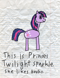 Size: 600x783 | Tagged: safe, artist:fonypan, artist:sweetie belle, twilight sparkle, twilight sparkle (alicorn), alicorn, pony, female, lined paper, mare, misspelling, solo, stylistic suck, sweetie's jurnal