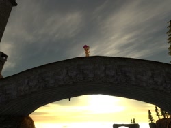 Size: 1024x768 | Tagged: safe, artist:wiimeiser, scootaloo, 3d, acrophobia, bridge, floating island, gmod, pine tree, scared, sky, solo, this will end in tears and/or death, this will not end well