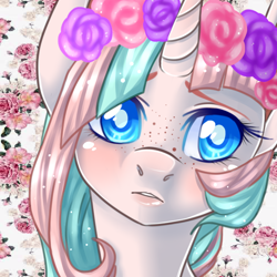 Size: 600x600 | Tagged: safe, artist:kikuri-tan, oc, oc only, unicorn, color porn, floral head wreath, freckles, solo