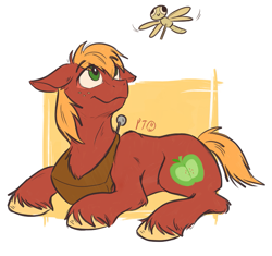 Size: 1061x999 | Tagged: safe, artist:pencil-top, big macintosh, earth pony, pony, cute, eyes on the prize, floppy ears, fluffy, macabetes, male, prone, smiling, solo, stallion, toy, unshorn fetlocks