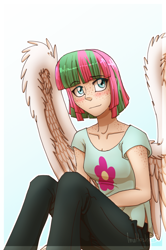 Size: 900x1353 | Tagged: safe, artist:inuhoshi-to-darkpen, blossomforth, human, fanfic:the life and times of a winning pony, cute, freckles, humanized, shoulder freckles, solo, winged humanization, winningverse