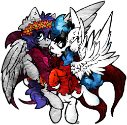 Size: 701x686 | Tagged: safe, artist:iroxykun, oc, oc only, oc:frozen soul, oc:sweater weather, pegasus, pony, clothes, floral head wreath, flying, gay, god tier, hero of heart, hero of time, homestuck, male, oc x oc, page of time, stallion, thief of heart, wings