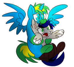 Size: 1500x1365 | Tagged: safe, artist:voraire, oc, oc only, alicorn, hybrid, pony, alicorn oc, flying, hape, hug, hug from behind