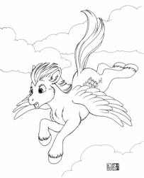 Size: 810x1000 | Tagged: safe, artist:kacey miyagami, oc, oc only, oc:dandelion dreams, pegasus, pony, cloud, cloudy, fanfic art, flying, monochrome, solo, unshorn fetlocks