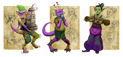 Size: 5557x2600 | Tagged: safe, artist:arainmorn, spike, anthro, orc, argonian, balancing, bedroom eyes, book, crossover, expressions, eyes closed, gem, grin, heart, khajiit, looking at you, muffin, open mouth, potion, shivering, smiling, sneezing, species swap, tesiii:mlp, the elder scrolls, wide eyes