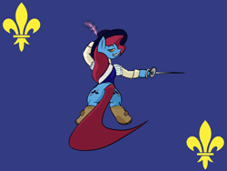 Size: 1024x768 | Tagged: safe, artist:clacksphob, oc, oc only, oc:fancy foil, boots, cavalier, cavalier hat, fleur-de-lis (symbol), foil, smug, solo