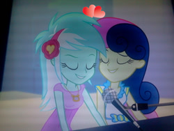 Size: 640x480 | Tagged: safe, edit, screencap, bon bon, lyra heartstrings, sweetie drops, equestria girls, rainbow rocks, eyes closed, female, grin, heart, lesbian, lyrabon, microphone, shipping, smiling