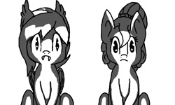 Size: 800x480 | Tagged: safe, artist:nukepone, oc, oc only, oc:brownie bun, oc:speck, bat pony, pony, monochrome