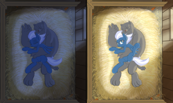 Size: 3350x2000 | Tagged: safe, artist:lemon, night glider, diamond dog, pegasus, pony, barn, bedroom eyes, cuddling, cute, day, eyes closed, hay, hug, night, on side, smiling, snuggling, spread legs, spread wings, spreading, underhoof, window