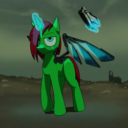 Size: 5000x5000 | Tagged: safe, artist:captainhoers, oc, oc only, cyborg, pony, unicorn, fallout equestria, absurd resolution, artificial wings, augmented, commission, gun, implants, magic, telekinesis, wasteland, wings