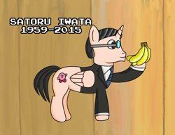 Size: 3320x2552 | Tagged: safe, artist:saburodaimando, oc, oc only, alicorn, pony, alicorn oc, banana, kirby, kirby (character), nintendo, ponified, rest in peace, satoru iwata, solo