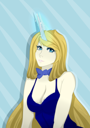 Size: 4000x5678 | Tagged: safe, artist:praxinas, prince blueblood, princess bluebelle, human, bowtie, horned humanization, humanized, rule 63, solo