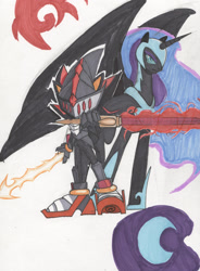 Size: 1280x1736 | Tagged: safe, artist:chaosknight, nightmare moon, armor, crossover, lancelot (sonic the hedgehog), patapon, shadow the hedgehog, sonic and the black knight, sonic the hedgehog (series), sword, traditional art