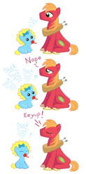 Size: 1024x2077 | Tagged: safe, artist:arimovergremrider, big macintosh, pony, baby, baby pony, crossover, dialogue, filly, foal, maggie simpson, ponified, simpsons did it, the simpsons