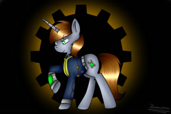 Size: 1500x1000 | Tagged: safe, artist:terezas474747, oc, oc only, oc:littlepip, pony, unicorn, fallout equestria, abstract background, clothes, cutie mark, fanfic, fanfic art, female, gears, hooves, horn, mare, pipbuck, raised hoof, solo, vault suit