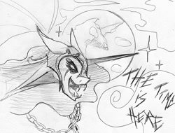 Size: 600x456 | Tagged: safe, artist:negativefade, nightmare moon, fangs, mare in the moon, metal goddess luna, monochrome, moon, nightmare night, solo, traditional art