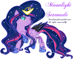 Size: 800x647 | Tagged: dead source, safe, artist:demiilia, oc, oc only, oc:moonlight serenade, alicorn, pony, alicorn oc, big mane, deviantart watermark, donut steel, horseshoes, magical lesbian spawn, obtrusive watermark, offspring, one eye closed, one hoof raised, parent:nightmare moon, parent:twilight sparkle, parents:twimoon, raised hoof, simple background, solo, starry mane, transparent background, watermark