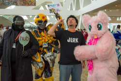 Size: 1024x688 | Tagged: safe, photographer:joey, oc, oc only, oc:fluffle puff, bronycon, bronycon 2015, bumblebee, clothes, cosplay, costume, dan, dan vs, fursuit, g.i. joe, hasbro, irl, photo, snake eyes, transformers