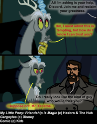 Size: 854x1094 | Tagged: safe, artist:flyingbrickanimation, discord, human, comic, crossover, david xanatos, gargoyles