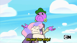 Size: 368x207 | Tagged: safe, edit, screencap, spike, sweetie belle, dragon, caption, cartoon network logo, female, lars barriga, male, sadie miller, say uncle, shipping, spikebelle, steven universe, straight