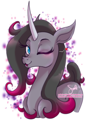 Size: 400x566 | Tagged: safe, artist:nekoi-echizen, oleander, classical unicorn, them's fightin' herds, community related, heart, leonine tail, one eye closed, solo, wink