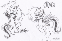 Size: 1010x671 | Tagged: safe, artist:fiji-firefox, oc, oc only, eyes closed, flying, glasses, looking at you, monochrome, open mouth, sitting, sketch, smiling