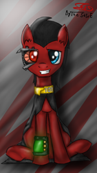 Size: 720x1280 | Tagged: safe, artist:setharu, artist:thestive19, oc, oc only, oc:red eye, cyborg, earth pony, pony, collaboration, fallout equestria, abstract background, fallout, fanfic, fanfic art, grin, hooves, looking at you, male, pipbuck, sheepish grin, sitting, smiling, solo, stallion