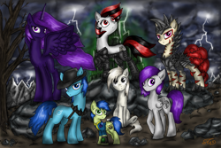 Size: 1873x1250 | Tagged: safe, artist:setharu, oc, oc only, oc:blackjack, oc:boo, oc:lacunae, oc:morning glory (project horizons), oc:p-21, oc:rampage, oc:scotch tape, alicorn, earth pony, pegasus, pony, unicorn, fallout equestria, fallout equestria: project horizons, alicorn oc, artificial alicorn, barbed wire, clothes, cloud, cloudy, cowboy hat, cutie mark, dashite, dead tree, fallout, fanfic, fanfic art, female, hat, hooves, horn, level 2 (project horizons), lightning, male, mare, pipbuck, purple alicorn (fo:e), rock, sitting, spread wings, stallion, standing, tree, vault suit, wings